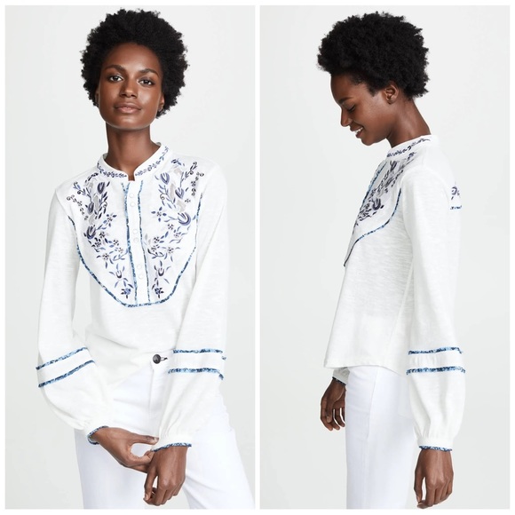 Free People Tops - FREE PEOPLE White and Blue Sundance Kid Henley Top XSmall